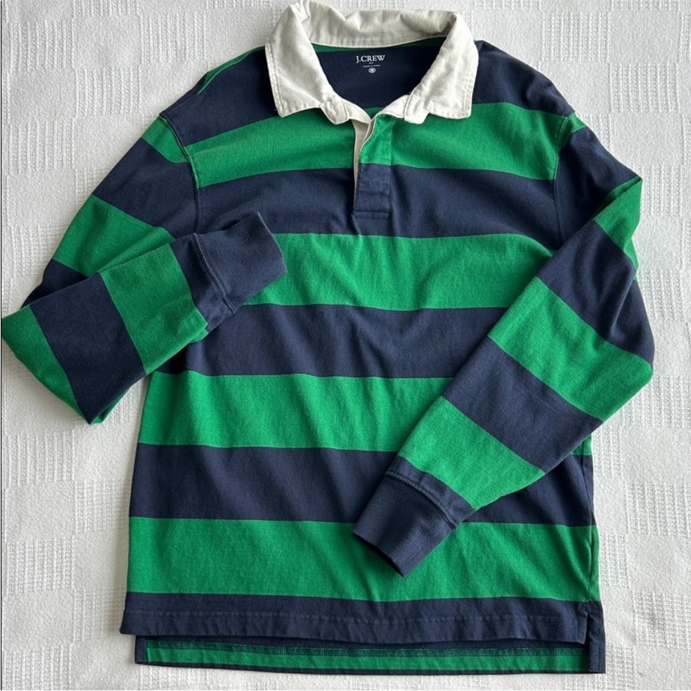 J.Crew Factory Men’s Green and Blue Rugby shirt 
size Medium